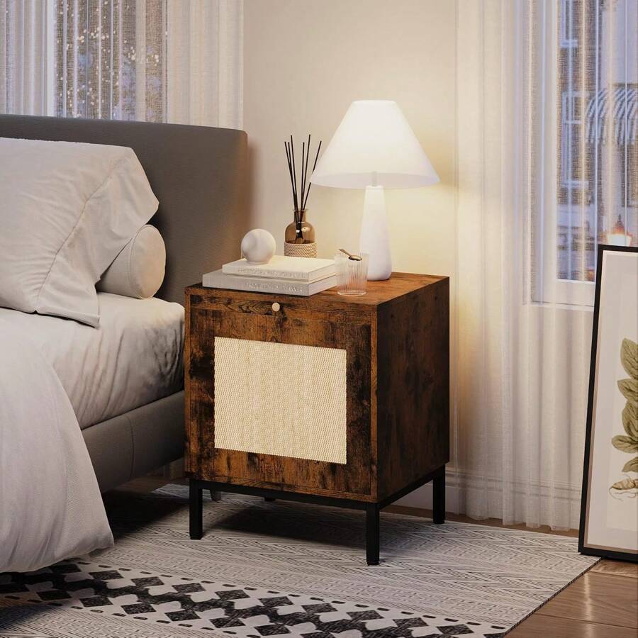 Rattan Night Stand, End Table With Storage Cabinets And Tray, Side Table With Sturdy Metal Legs For Bedroom, Living Room, Office - Brown - View 1