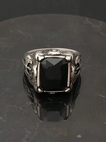 时尚不锈钢黑色宝石戒指 精致珠宝戒指 带吊坠男士戒指 - 鋼色戒指 - 查看 2