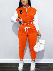 Fooullaide Women's Varsity Jacket Sweatsuit 2 Piece Tracksuit Crop Top Button Down Letterman Jackets Pants Sets - 橘色 - 查看 6