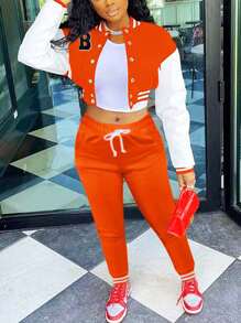 Fooullaide Women's Varsity Jacket Sweatsuit 2 Piece Tracksuit Crop Top Button Down Letterman Jackets Pants Sets - 橘色 - 查看 5