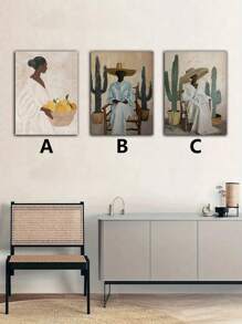 1/3 szt. Nieoprawione płótno plakat ścienny przedstawiający eleganckie afrykańskie postacie: kobietę z koszem owoców i dwie siedzące kobiety w środowisku pustynnym z kaktusem