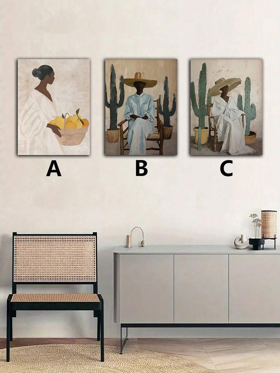 1/3 szt. Nieoprawione płótno plakat ścienny przedstawiający eleganckie afrykańskie postacie: kobietę z koszem owoców i dwie siedzące kobiety w środowisku pustynnym z kaktusem
