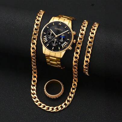 4 件套：时尚奢华男士圆形指针石英腕表，配项链、手链和戒指，男士手表套装