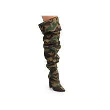 Over The Knee Wide Calf Slouchy Chunky Heel Boots - 偽裝 - 查看 8
