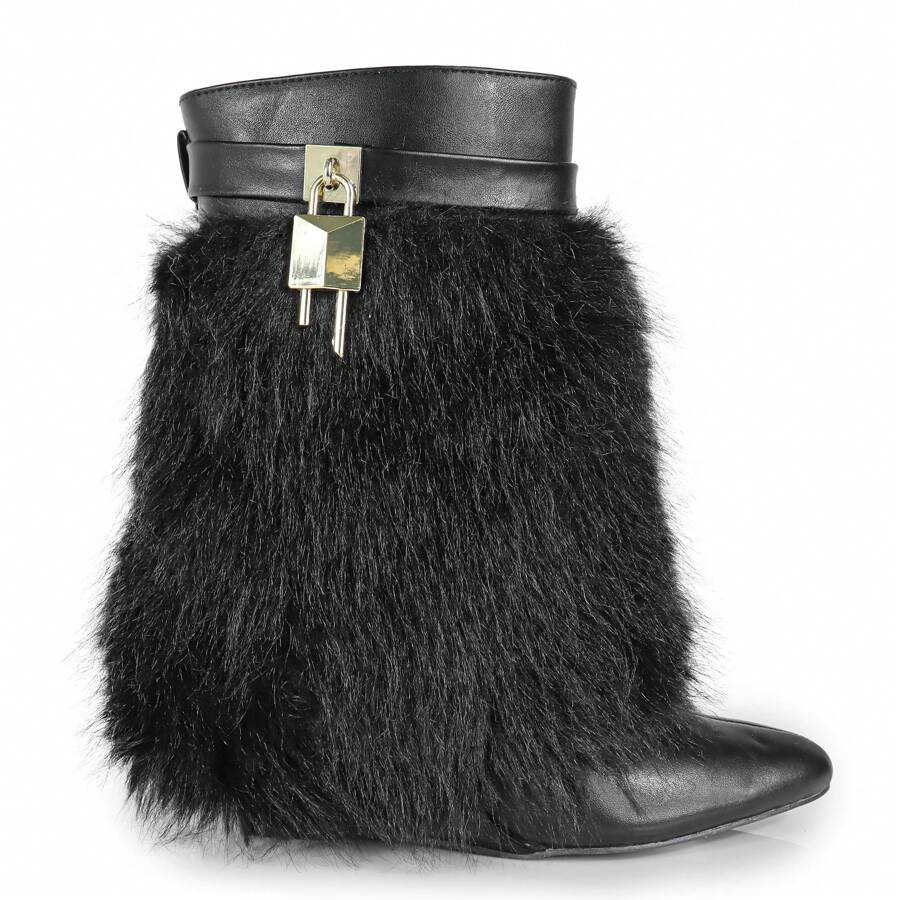 Furry Fuzzy Fold Over Wedge Ankle Boots - Black - View 1