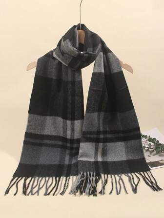 1条男女通用复古格子流苏围巾，保暖柔软，适合日常佩戴，秋冬季女士围巾，可搭配连衣裙