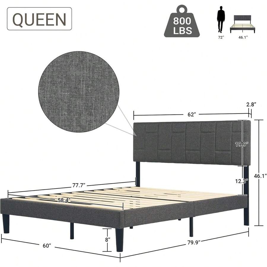 Gray Low Profile Upholstered Platform Bed Frame (Queen) Bed Frame