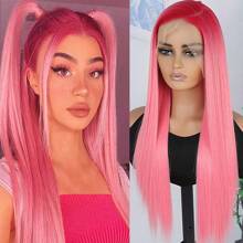 Pink Red Ombre Color Wigs Long Silky Straight Lace Front Wig Colorful Pink Glueless Lace Front Synthetic Wig Heat Resistant Fiber Hair Replacement Wig For Women Cosplay Party & Daily Use - 漸層粉紅色 - 查看 4