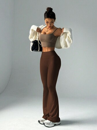 FWH Fashionable Casual Simple Butt-Lifting Peach Butt Fashion Elegant Streetwear Retro Slimming Low-Key Luxury Leg-Lengthening Classic Simple High-End Slimming High-Waist Versatile Flared Pants New European Style Waist-Toning Fitness Wide-Leg Yoga Pants Tights