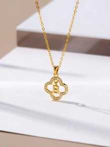 1Pc Elegant 925 Sterling Silver Four Leaf Clover 26 Initial Letters A-Z Pendant Necklace Plated With 18K For Women Daily Wear And Gifts For Girls