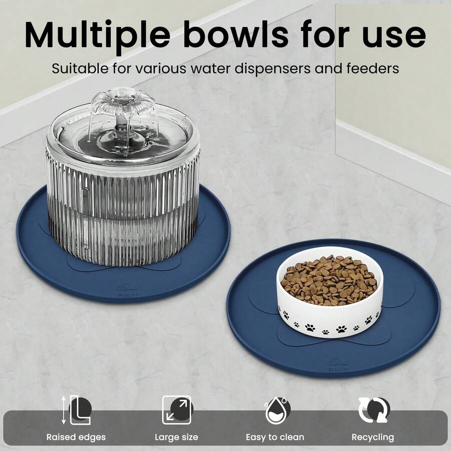 2pcs Navy Blue Pet Placemat Has A Paw Print Grey Circular Dog And Cat