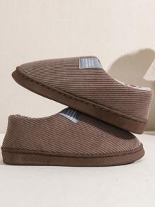 女士竖条纹保暖内衬室内拖鞋防滑舒适保暖情侣装秋冬 - 咖啡棕 - 查看 5