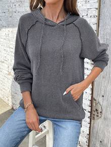 Women Casual Long Sleeve Pull Over Sweaters Hoodie,Ribbed Tops For Women - Black - View 3