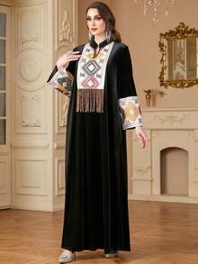 Siskakia Fashion Velvet Notched V-Neck Embroidery Tassel Sequins Modest Long Sleeve Long Dresses Party Arabian Saudi Women Autumn And Winter Robe Spring Black - Black - View 3