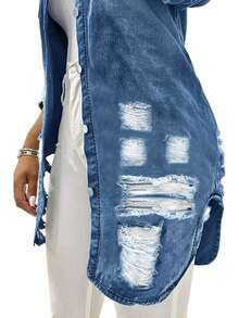 Women's Casual Mid-Length Distressed Washed Denim Jacket, Autumn - Light Wash - View 4