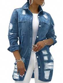 Women's Casual Mid-Length Distressed Washed Denim Jacket, Autumn - Light Wash - View 2