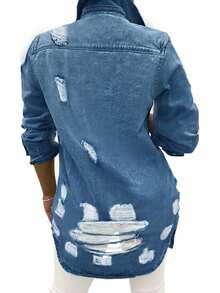 Women's Casual Mid-Length Distressed Washed Denim Jacket, Autumn - Light Wash - View 3