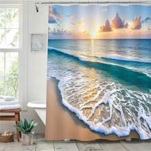 1pc Sunset Beach Pattern Bathroom Essentials Waterproof Shower Curtain With 12 Hooks, And Decorative Accessories Home Bathroom Decor Fall Decor Bathroom Accessories Back To School