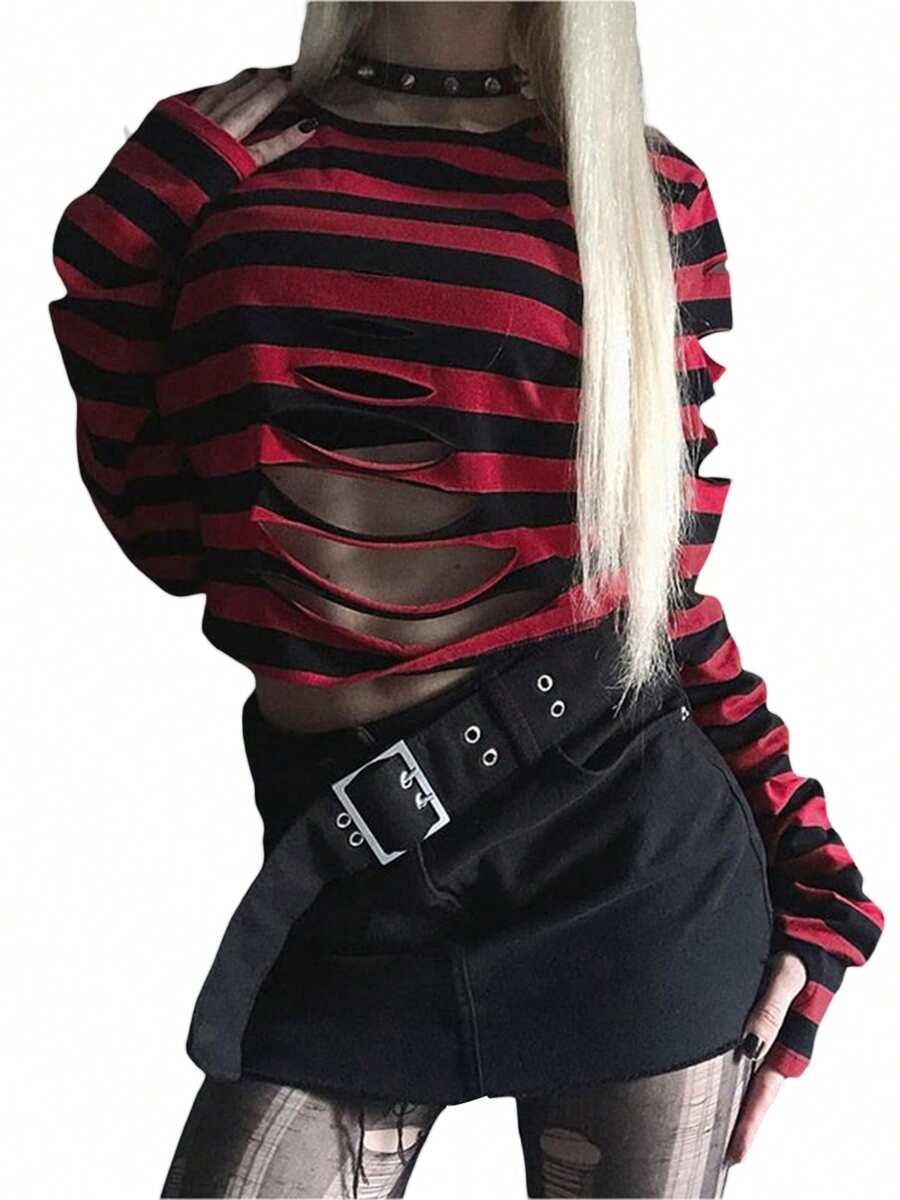 Women's Distressed Crop Tops Gothic Long Sleeve Round Neck Striped Print Loose T-Shirts Halloween Costume - 紅色 - 查看 1