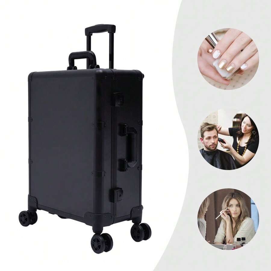 Rolling Makeup Case Trolley Train Box Organizer With Key Travel Cosmetic Luggage - Black - View 1