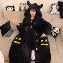 Bộ đồ ngủ 2 món phong cách Hàn Quốc bằng vải nỉ san hô ấm áp dành cho nữ - Đồ ngủ dài tay dày, ấm áp & quần dài, thiết kế họa tiết hoạt hình dễ thương cho mùa đông thoải mái mùa hè trang trí phòng tắm gia đình đám cưới - 24601 Bộ quỷ - Xem 3