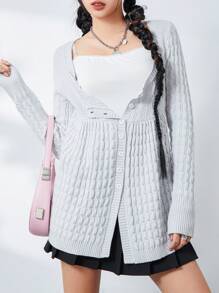 Women's Vintage Cable Knit Sweater Y2k Casual Long Sleeve Square Neck Button Down Solid Color Loose Pullover Jumpers Knitted Tops Retro Y2K Fairy Grunge Knitwear Aesthetic Clothes 2000s Streetwear - Màu Xám nhạt - Xem 3