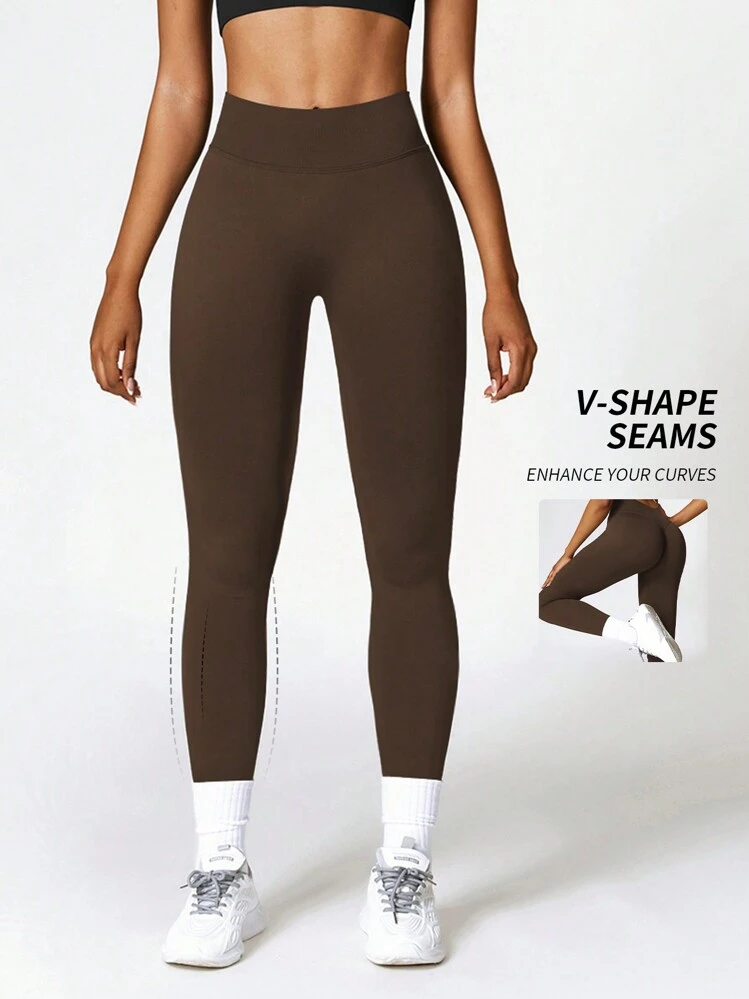 Yefecy Mallas deportivas para mujer de cintura alta con espalda en V, pantalones ajustados para levantar el trasero, para gimnasio y yoga - Marrón - Añade 2