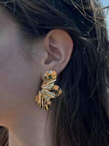 1 Pair European And American Style Heavy Metallic Leaf Design Asymmetric Statement Earrings For Women's Daily Matching - Gold - View 3