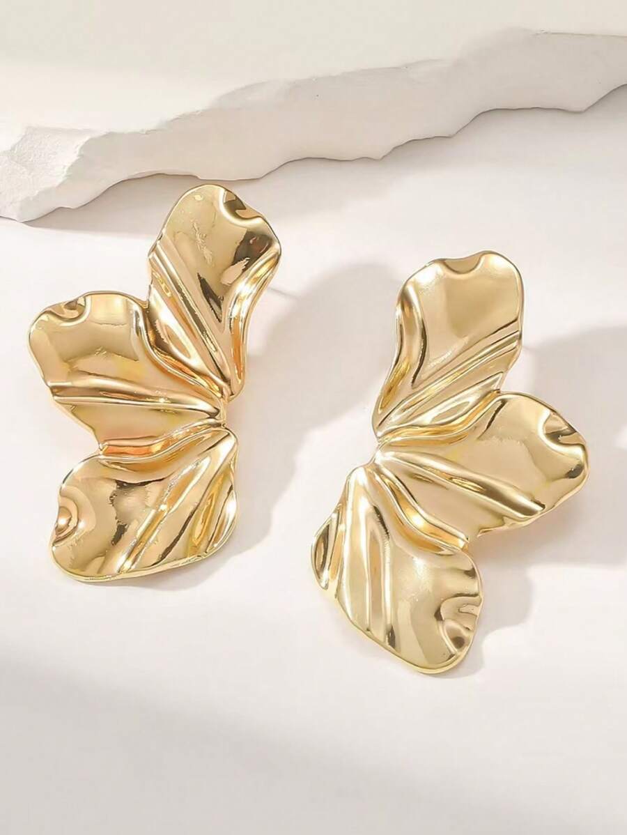 1 Pair European And American Style Heavy Metallic Leaf Design Asymmetric Statement Earrings For Women's Daily Matching - Gold - View 1