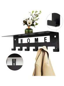 Perchero de pared con estante, perchero de pared negro con 6 ganchos para la entrada, perchero para colgar chaquetas, llaves, carteras y sombreros