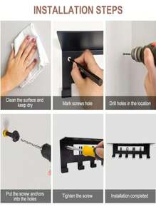 Perchero de pared con estante, perchero de pared negro con 6 ganchos para la entrada, perchero para colgar chaquetas, llaves, carteras y sombreros