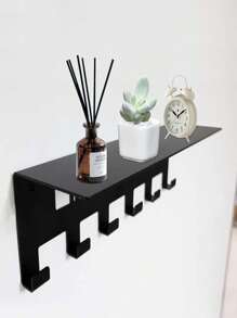 Perchero de pared con estante, perchero de pared negro con 6 ganchos para la entrada, perchero para colgar chaquetas, llaves, carteras y sombreros