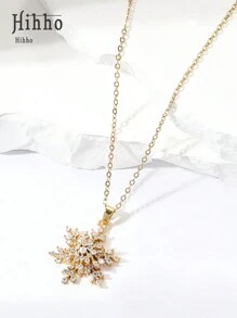 Hihho 1 chiếc vòng cổ mặt hình bông tuyết Cubic Zirconia Micro Paved xoay có thiết kế xoay, thích hợp để đeo hàng ngày, làm quà tặng ngày lễ, quà tặng Giáng sinh - Vàng - Xem 3