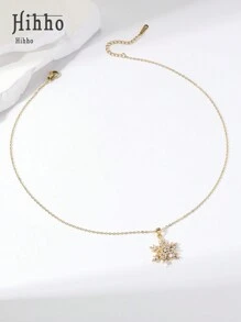 Hihho 1 chiếc vòng cổ mặt hình bông tuyết Cubic Zirconia Micro Paved xoay có thiết kế xoay, thích hợp để đeo hàng ngày, làm quà tặng ngày lễ, quà tặng Giáng sinh - Vàng - Xem 4