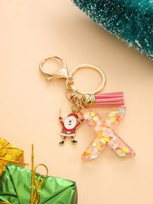 1pc Christmas Santa Claus Key Chain With Alphabet Resin Charm & Butterfly Tassel, For Girls - Pink - View 22
