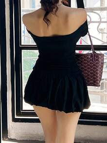 Đầm mini hở vai tay bồng thời trang thu đông cho nữ có thiết kế trễ vai - màu đen - Xem 5