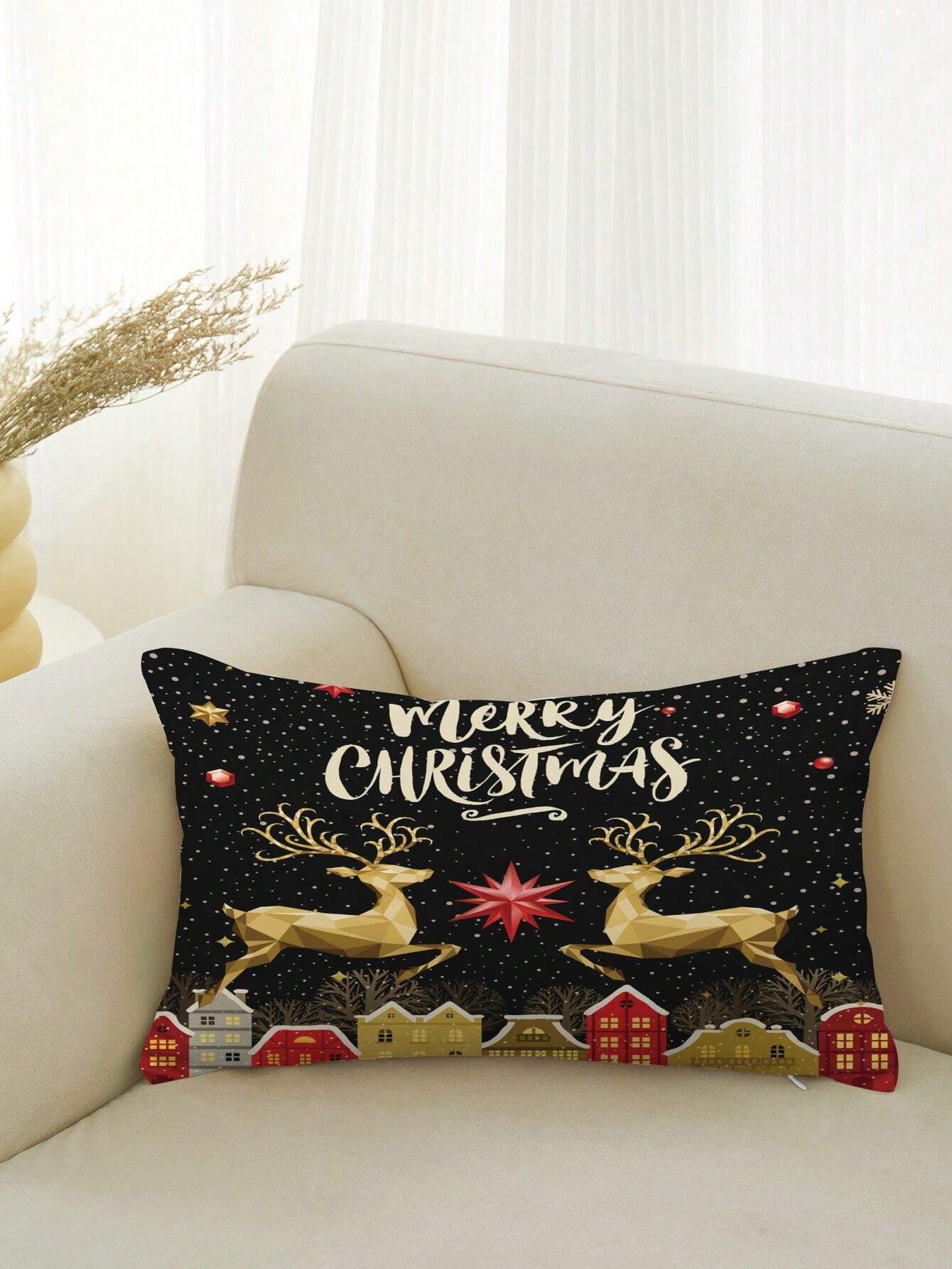 1pc Christmas Element Printed Pillow Cover, 2pcs Vintage Christmas