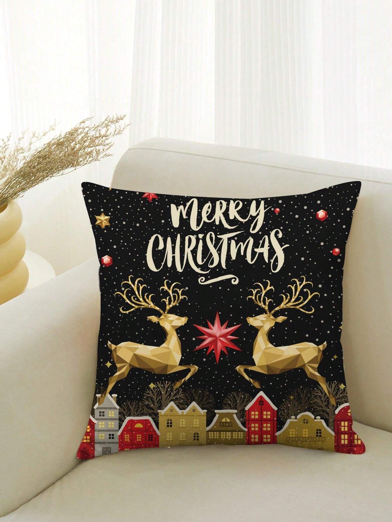 1pc Christmas Element Printed Pillow Cover, 2pcs Vintage Christmas