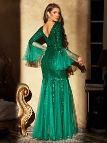 UNITHORSE Deep V-Neck Mesh Patchwork Princess Sleeve Mermaid Glitter Sequin Dress