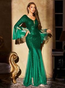 UNITHORSE Deep V-Neck Mesh Patchwork Princess Sleeve Mermaid Glitter Sequin Dress