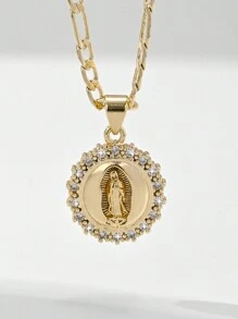 1pc European Style Copper Inlaid Zirconia 14K Gold Virgin Mary Pendant Necklace, Suitable As Mother's/Valentine's Gift, Daily & Festival Wear