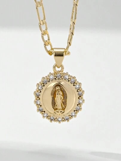 1 pieza Collar con colgante de Virgen María de estilo europeo con incrustaciones de cobre y circonita, 14K oro, adecuado como regalo para el Día de la Madre/San Valentín, uso diario y festivo