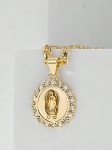 1pc European Style Copper Inlaid Zirconia 14K Gold Virgin Mary Pendant Necklace, Suitable As Mother's/Valentine's Gift, Daily & Festival Wear