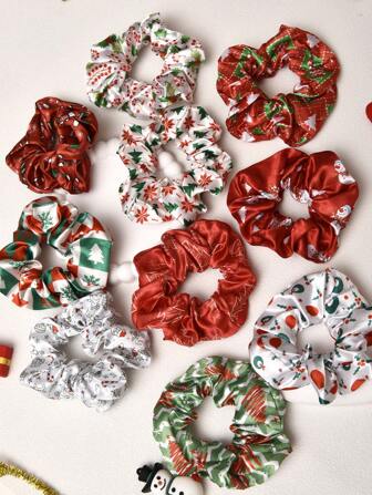 10pcs Christmas Coil Hair Scrunchies, Soft Ponytail Holders With Cute Printed Elastic Hair Bands, Suitable For Girls, Great For Christmas, Gifts, Friends