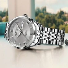 1 件 GUANQIN 防水夜光手表，带双日历水钻表盘耐磨不锈钢表带时尚商务奢华优雅经典休闲自动上链男士自动机械表适合节日、约会、商务、礼物