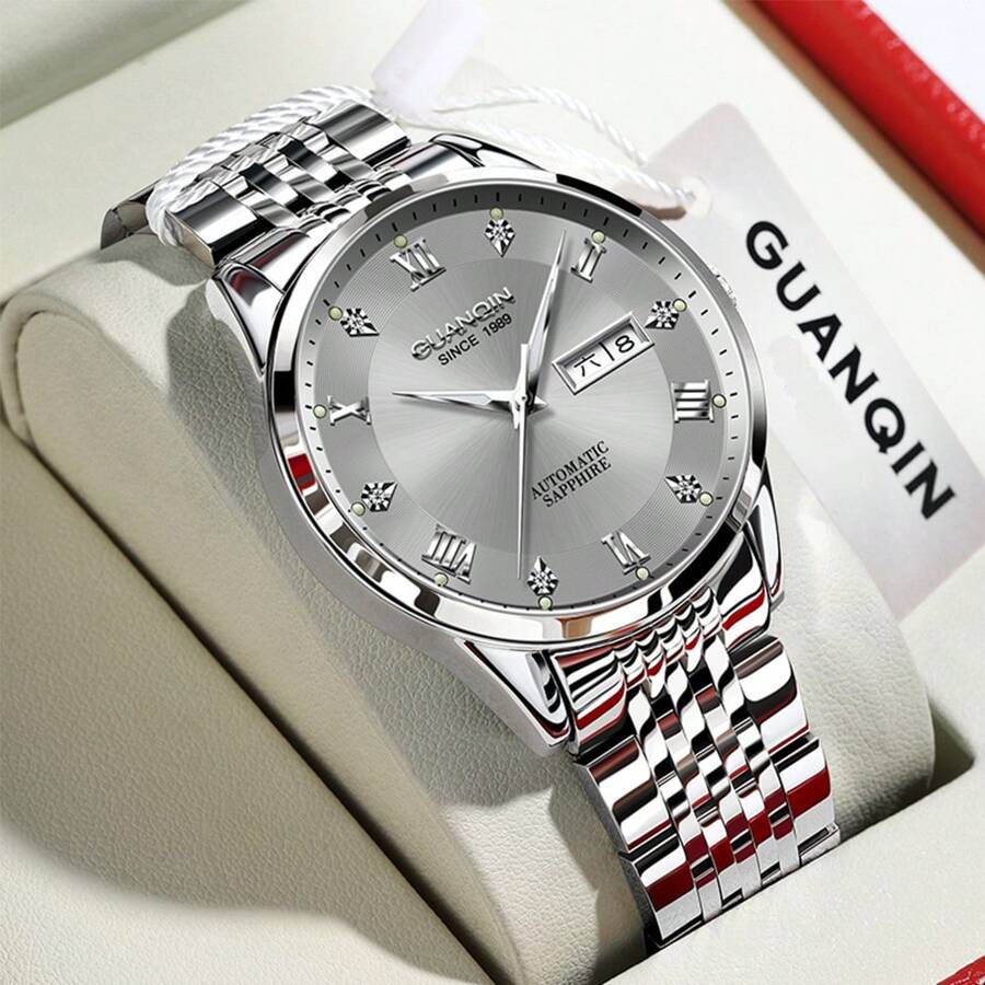 1 件 GUANQIN 防水夜光手表，带双日历水钻表盘耐磨不锈钢表带时尚商务奢华优雅经典休闲自动上链男士自动机械表适合节日、约会、商务、礼物