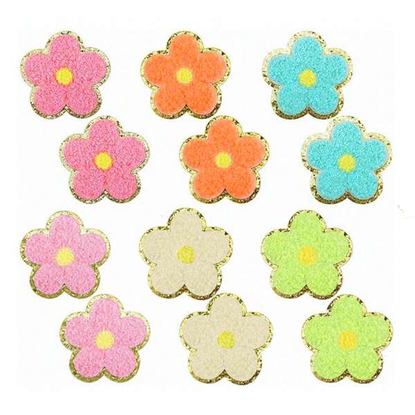 6 PCS Colorful Flower Patches Gold Edges Flower Iron On Patches Chenille Patches Sew On Patches For Dress Clothes DIY Accessories Valentine's Day Valentines