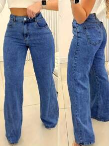 Chicsale Straight Jeans, Diagonal Pocket Loose Style Street Fashion Brand Loose Jeans, Ladies Jeans And Clothing - 深色水洗藍 - 查看 1