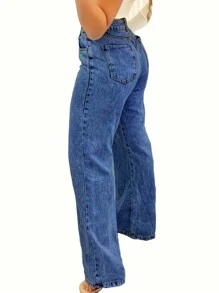 Chicsale Straight Jeans, Diagonal Pocket Loose Style Street Fashion Brand Loose Jeans, Ladies Jeans And Clothing - 深色水洗藍 - 查看 3