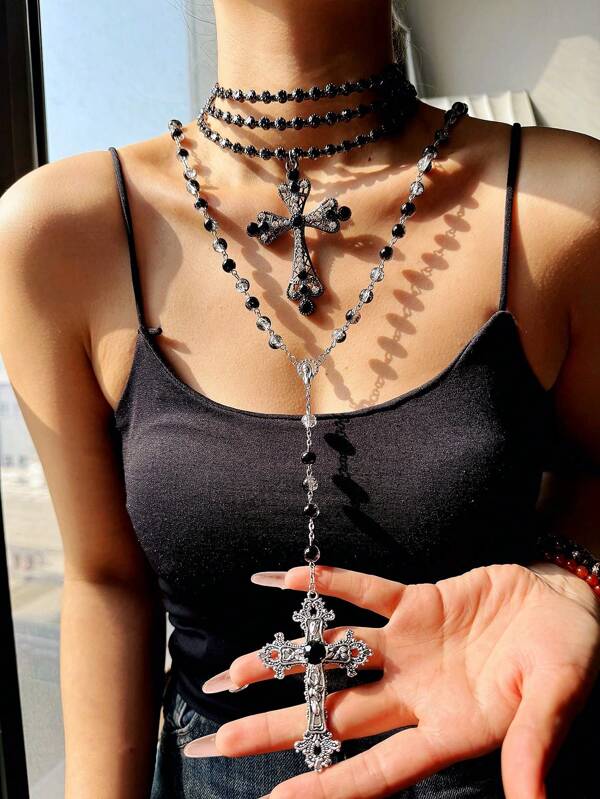 1 Stück modische gotische viktorianische Stil dunkel Y2K Luxus elegant funkelnde Kreuz Edelstein mehrlagige Perlenkette für Frauen, Party & Festival Schmuck